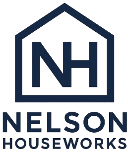 A house outline with NH inside, Nelson Houseworks below, Custom Home Building emphasized.